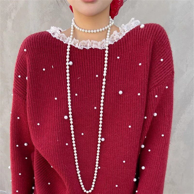 钉珠花边领宽松毛衣配半身高腰裙两件套女秋冬新款针织衫时尚套装