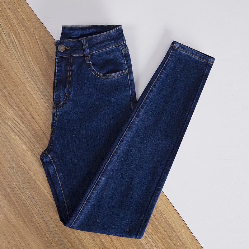 2024秋冬装新高腰深蓝色加绒紧身牛仔裤女长裤九分弹力小脚铅笔裤