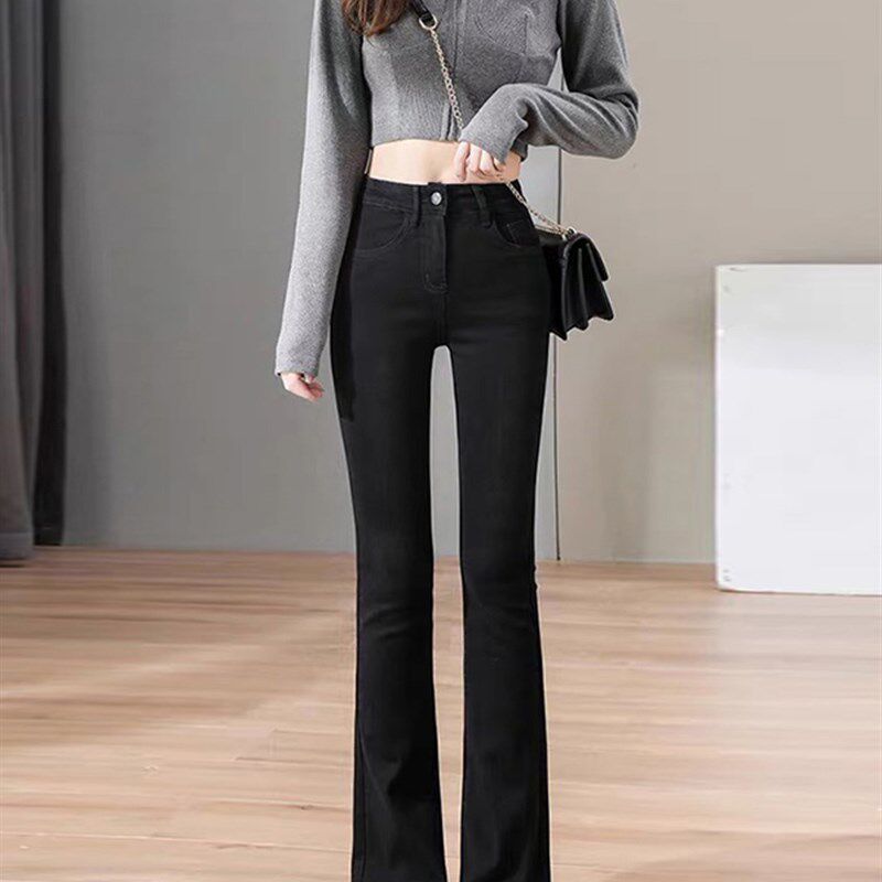 150小个子八九分微喇叭牛仔裤女加绒2023秋冬高腰修身显瘦黑微喇