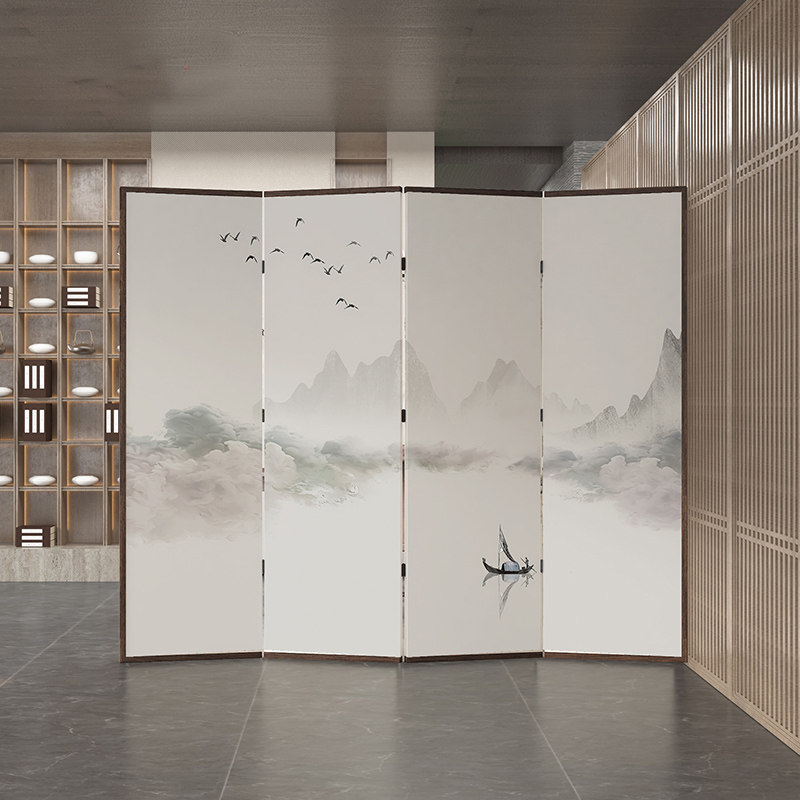 新中式实木屏风隔断折叠移动办公室酒店浅色国画客厅沙发背景墙
