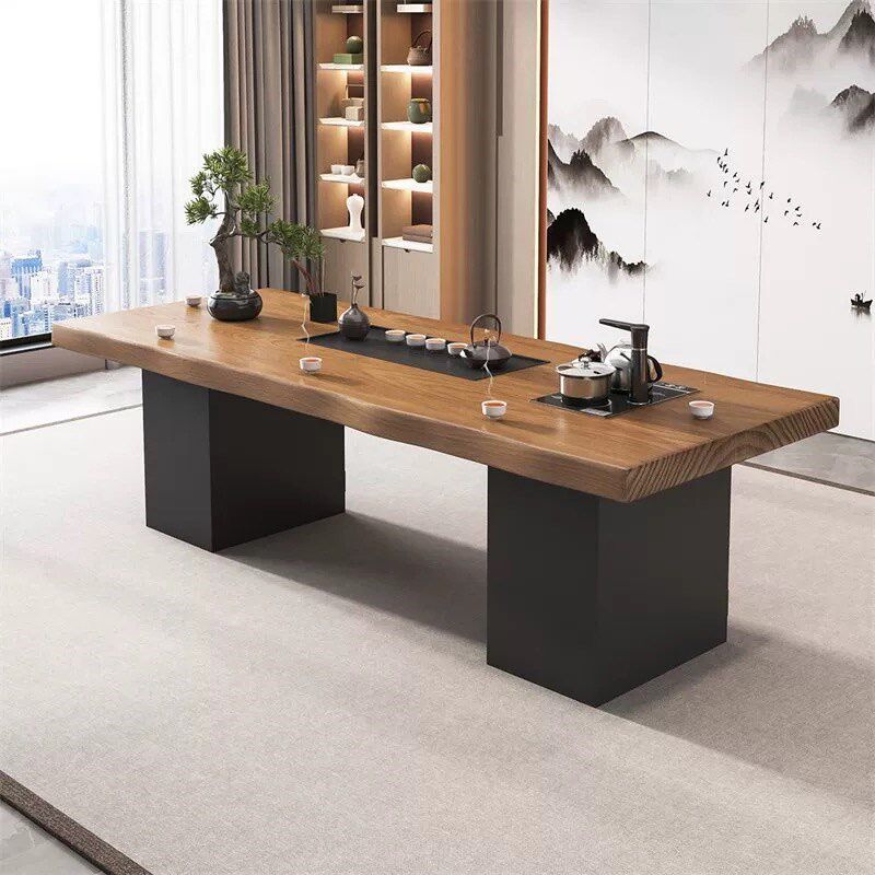 实木功夫茶桌中式乌金石茶盘一体带柜简约客厅办公室泡茶桌椅组合