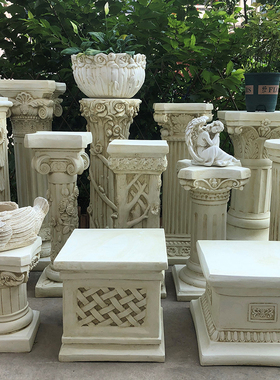 欧式罗马柱摆件边几落地装饰仿石膏复古花架花园花盆底座婚庆路引