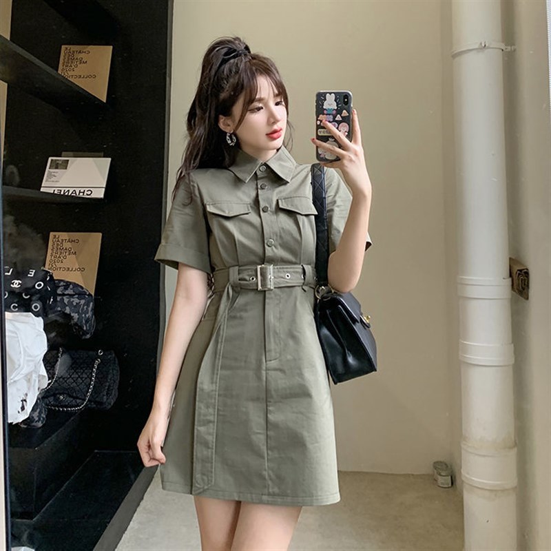 胖妹妹mm250斤工装连衣裙收腰显瘦衬衫裙2022年夏季新款大码女装1