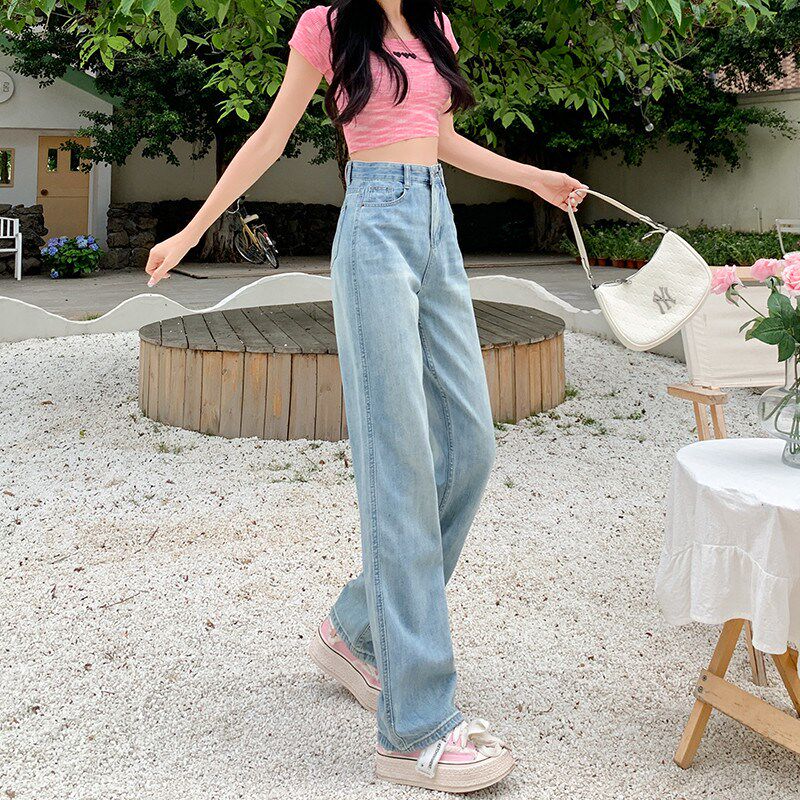 高腰牛仔裤女2024年新款夏季宽松显瘦直筒裤小个子浅色窄版阔腿裤