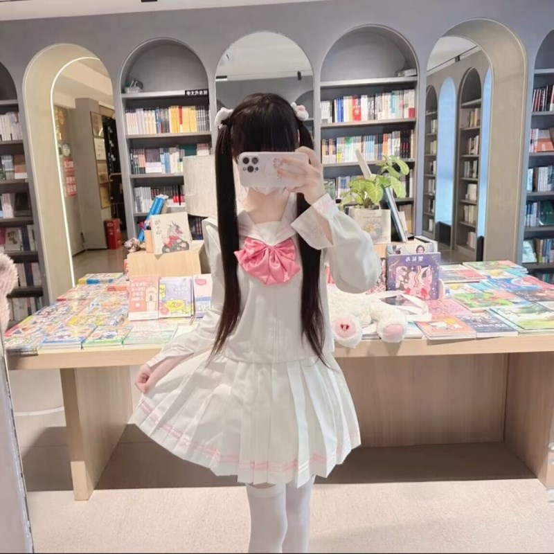 稀有款学院风粉.蓝二本小清新水手服学院风绝赞长款上衣裙子套装