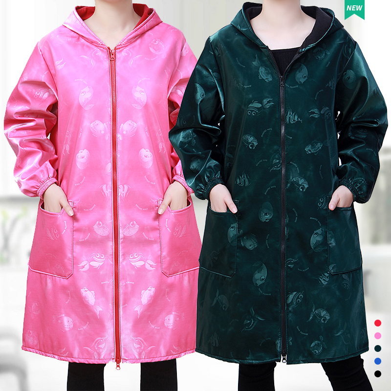 皮衣加绒秋冬罩衣男女加厚有袖皮革PU工作服厨房防水防油围裙外套