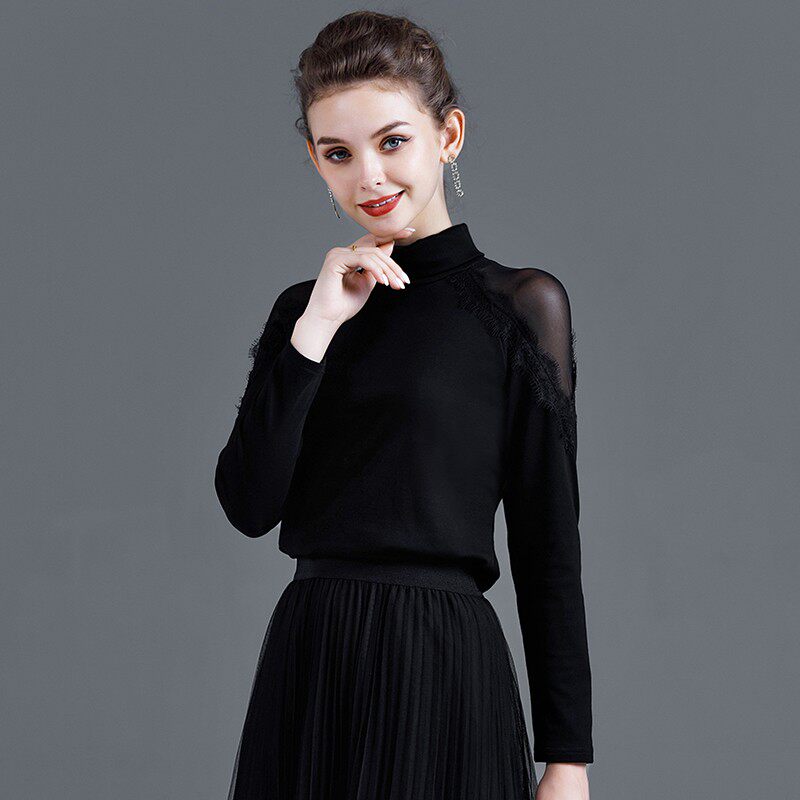 加绒打底衫女秋冬蕾丝网纱洋气小衫黑色高领纯棉t内搭长袖女上衣