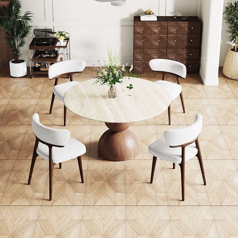 森友中古风实木餐桌德利丰洞石岩板圆形饭桌子黑胡桃色可定制