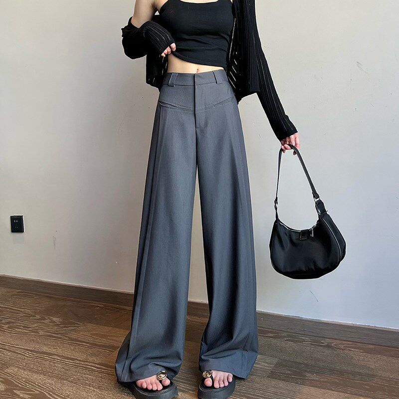 灰色窄版阔腿裤女高腰垂感夏季薄款高级感西装裤休闲拖地直筒裤春