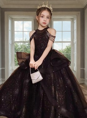 女大童大码黑色礼服公主裙婚纱裙生日蓬蓬纱花童主持人钢琴演出服