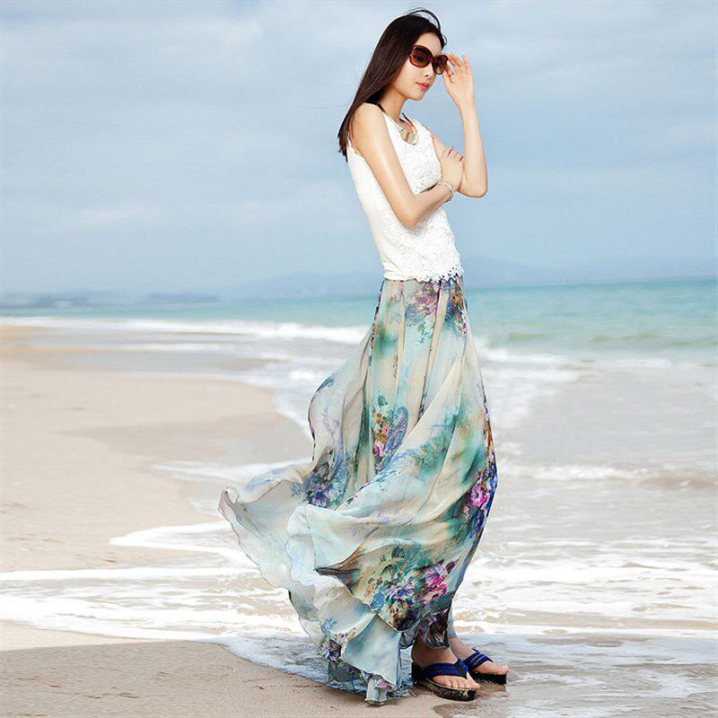 2021今年流行的波西米亚春夏女雪纺纱裙长款半身裙垂感拖地长裙子