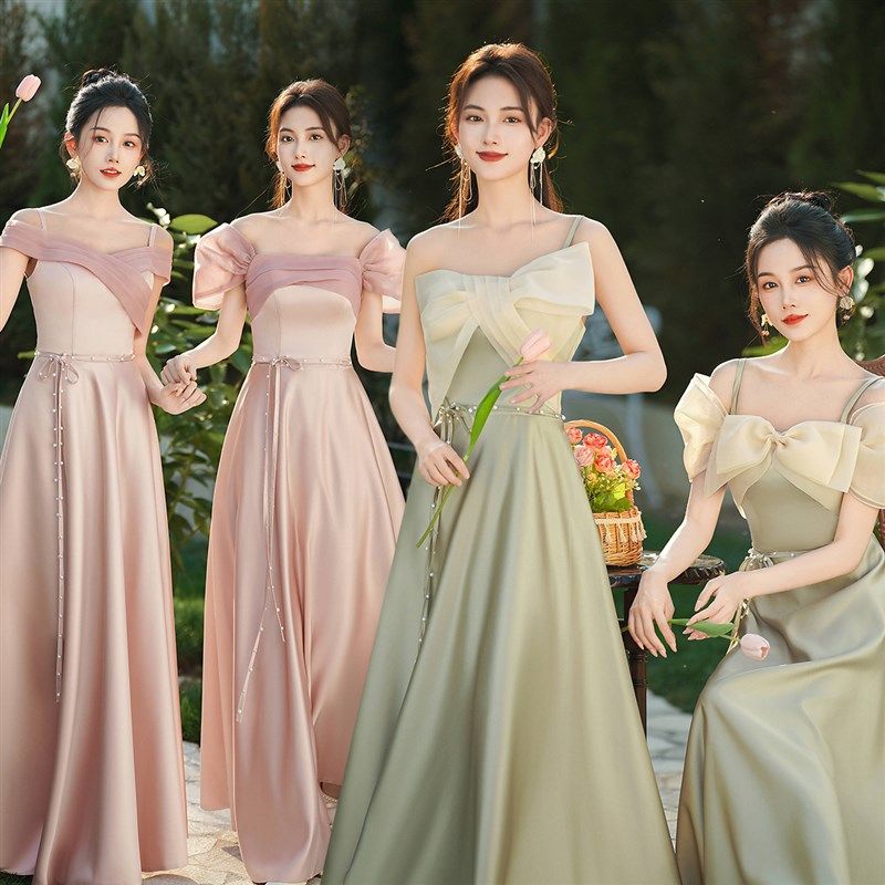 伴娘服2024年新款女粉色缎面日常可穿姐妹团礼服毕业表演裙秋冬