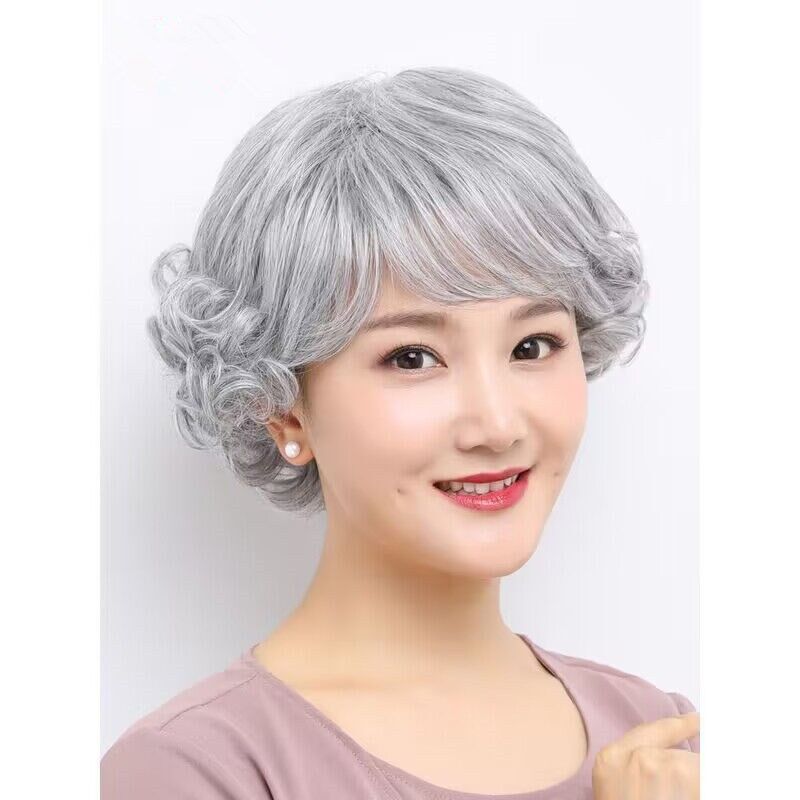 妈妈中老年花白假发短发女慈祥短卷发灰白色老年人奶奶款蛋卷头发