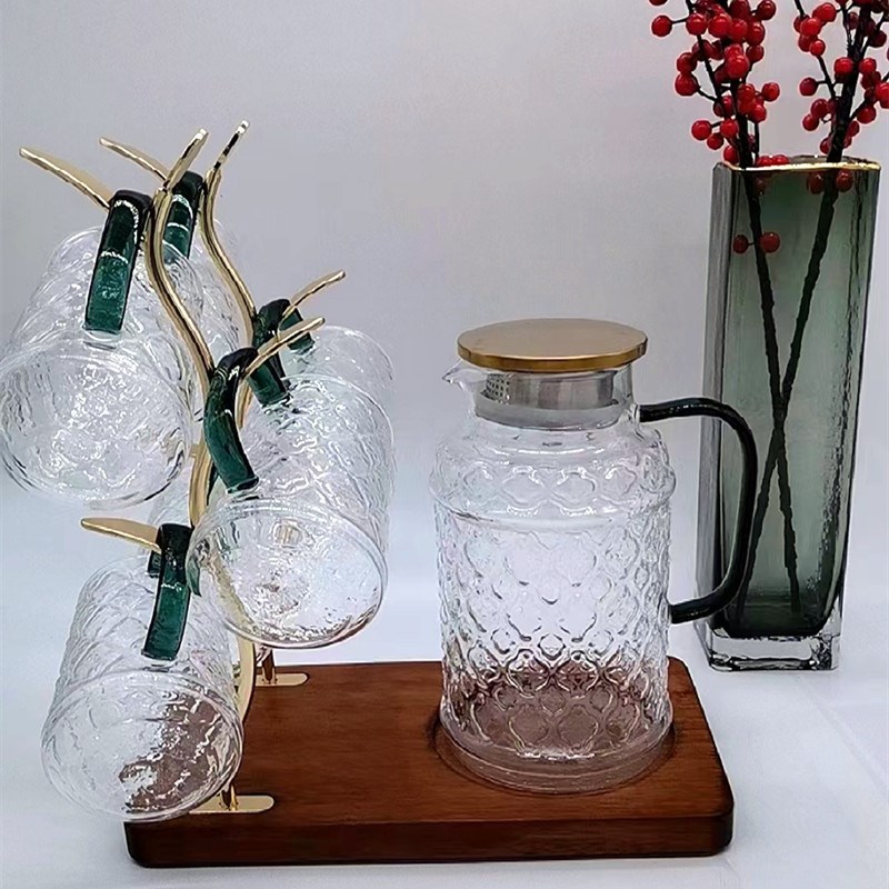 冷水壶耐热玻璃杯子海棠富贵凉水壶加厚复古大容量大肚菠萝壶套装