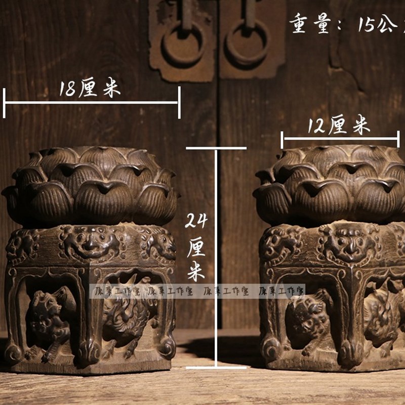 青石雕刻复古莲花兽头老石墩石柱门墩中式摆件花盆底座石材装饰