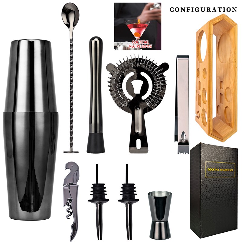 新款手摇调酒器套装酒吧雪克壶鸡尾酒调酒工具10件套带菱形收纳架