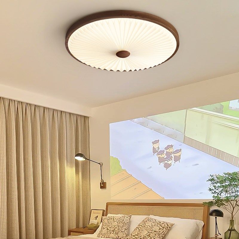 卧室吸顶灯中古风胡桃木纹复古新款创意百褶圆形护眼主卧书房间灯,家装灯饰光源,餐厅/卧室/书房吸顶灯,淘宝优惠券,粉丝福利购,淘宝优惠卷