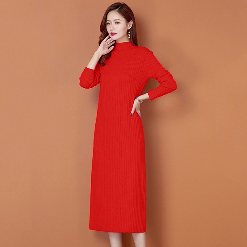 半高领毛衣裙针织连衣裙内搭秋冬女中长款过膝加厚打底长裙配大衣