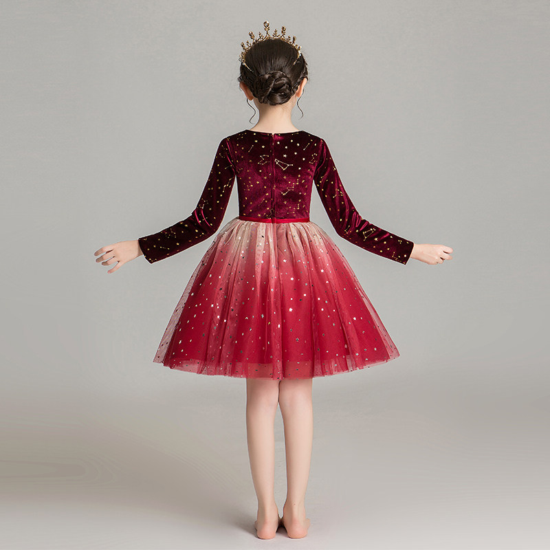 儿童礼服公主裙女童高端长袖花童洋气走秀表演服主持人钢琴演出服