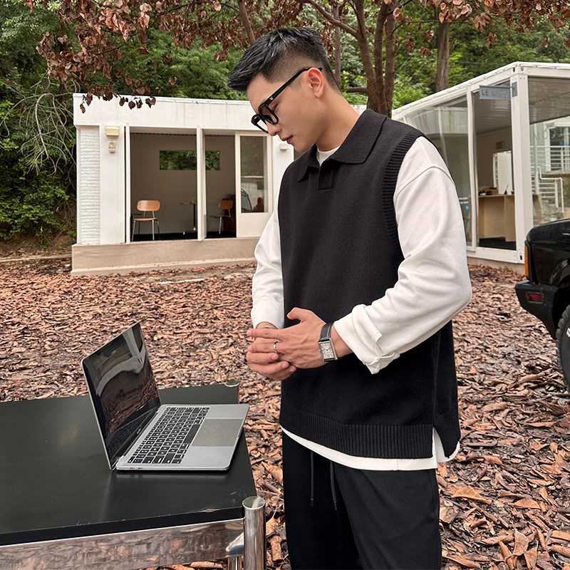 22号穿搭高定Polo方V领口秋冬男毛衣背心无袖马甲翻领针织衫