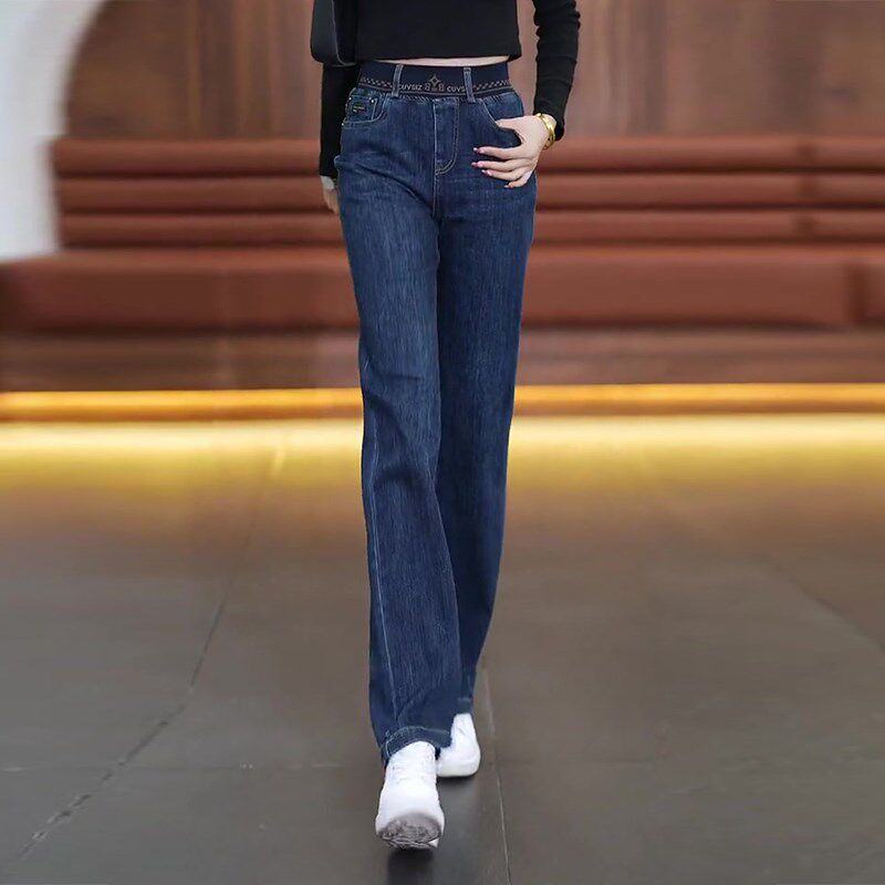 深蓝色松紧腰直筒牛仔裤女冬季加绒加厚2024年新款高腰阔腿女裤冬