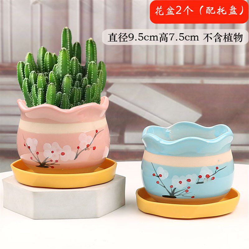 多肉花盆陶瓷圆形简约创意个性透气室内家用小绿植盆栽摆件带托盘