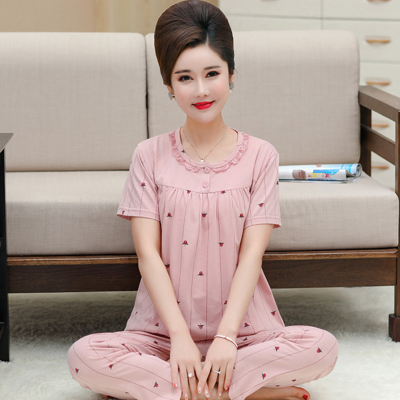 中年女士夏季纯棉睡衣中老年人妈妈婆婆短袖长裤加肥加大码家居服