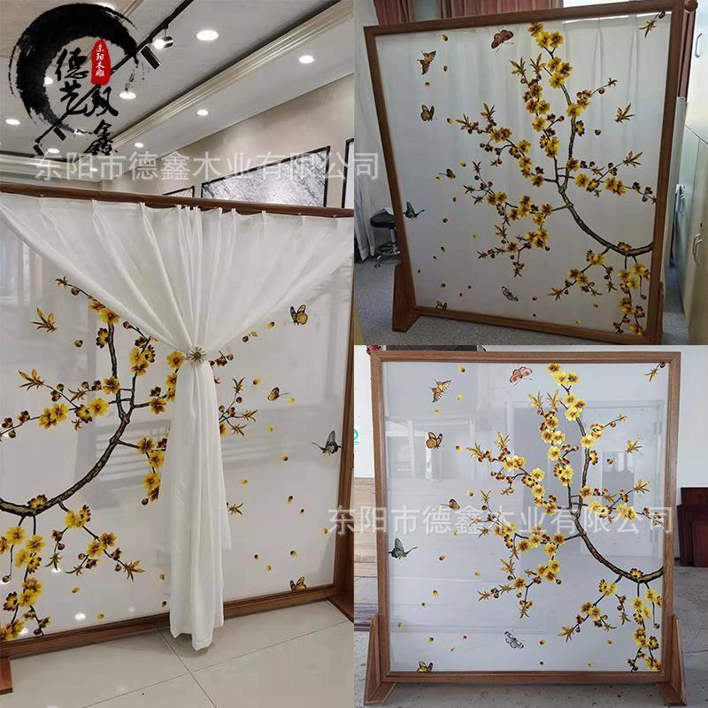 新中式现代简约布艺屏风木质移动折叠入户玄关实木花格房间隔断