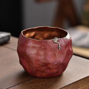 复古建水家用杯洗水盂功夫茶道配件 纯手工紫铜嵌银茶洗茶杯缸中式