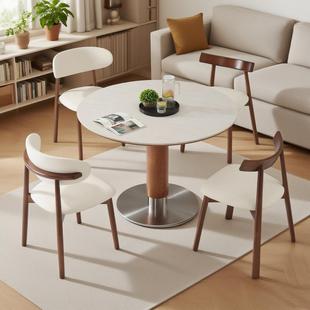 洞石岩板圆桌餐桌家用小户型饭厅圆形饭桌设计师桌子实木小圆桌