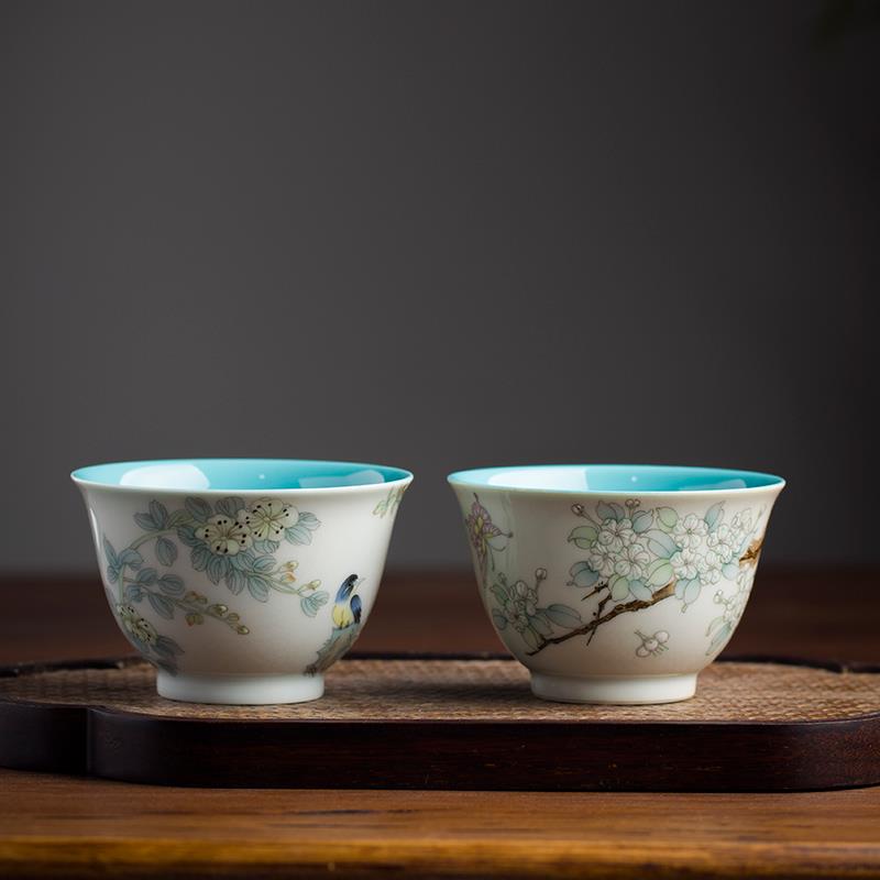 景德镇陶瓷手绘梨花主人杯茶杯松石绿单杯全手工仿古泥高端茶具