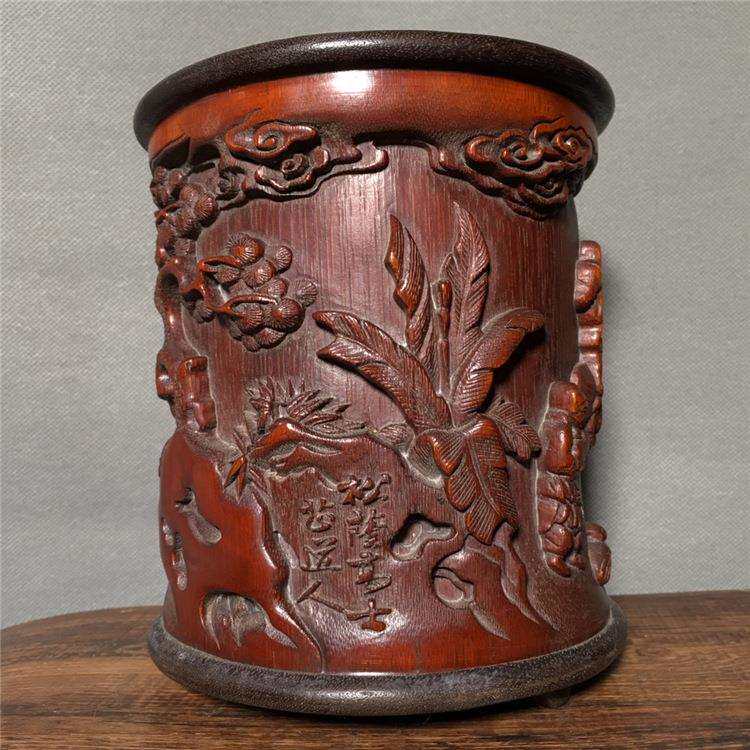 古董竹制松荫高士笔筒文房四宝原竹楠竹毛笔筒竹子古玩收藏品
