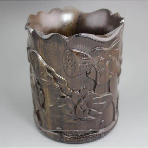 古玩工艺品收藏黑檀木雕刻荷花笔筒办公室书房摆件
