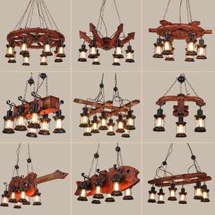 美式复古船木头吊灯工业风创意网咖酒吧台装饰美发店餐厅麻绳吊灯