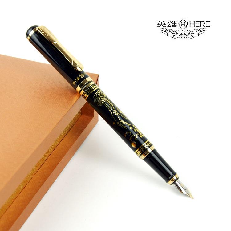 英雄9076吉星高照铱金笔 雕刻黑杆漂亮烫金礼品钢笔