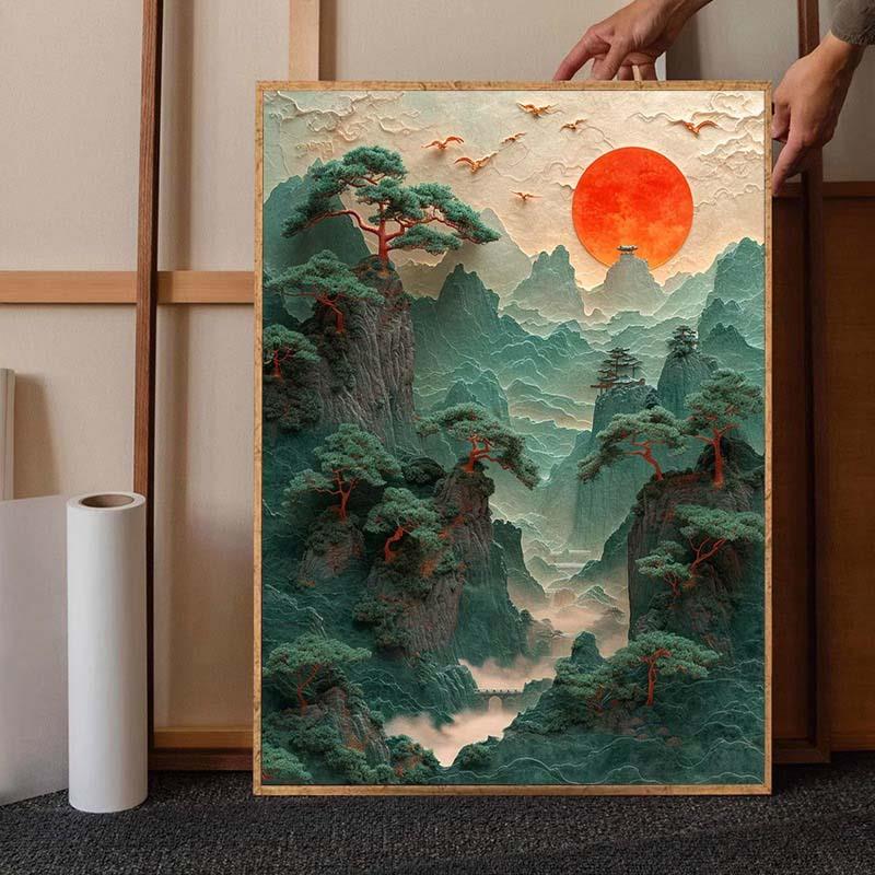 新中式山水装饰画国风画风景艺术壁画入门玄关挂画太阳悬挂家庭画图片