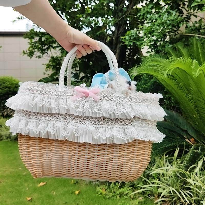 moom手作Lolita手提猫包野餐外出幼犬蕾丝篮子透气可爱可携式猫狗