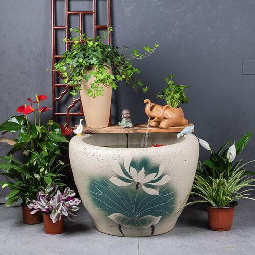 陶瓷大缸古法养鱼缸客厅落地睡莲荷花缸陶罐循环流水造景老式水缸