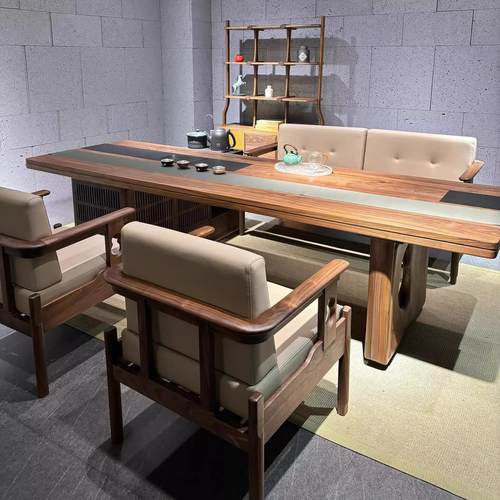 新中式茶桌椅组合黑胡桃木办公室茶室实木茶台设计款轻奢高级感