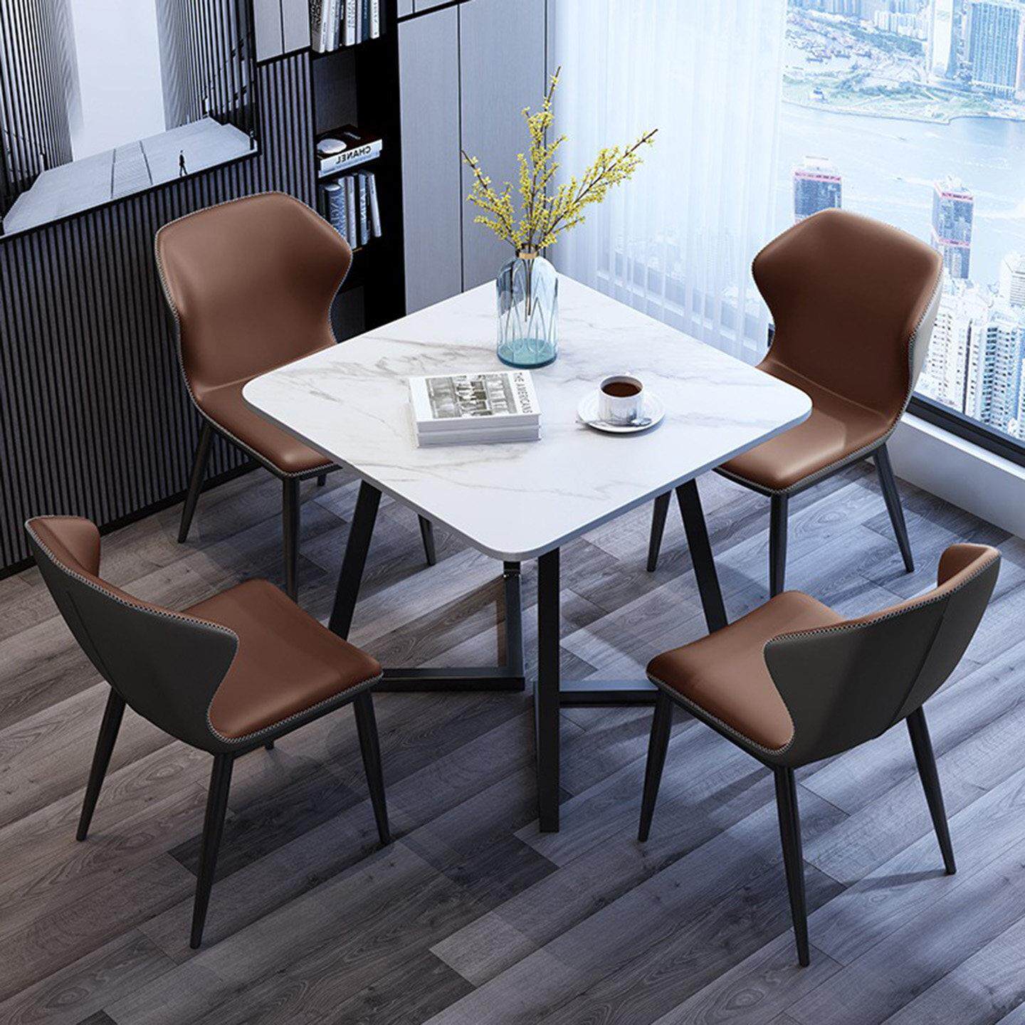 岩板餐桌椅组合套装小户型轻奢四方正方形饭桌洽谈桌椅一桌四椅80