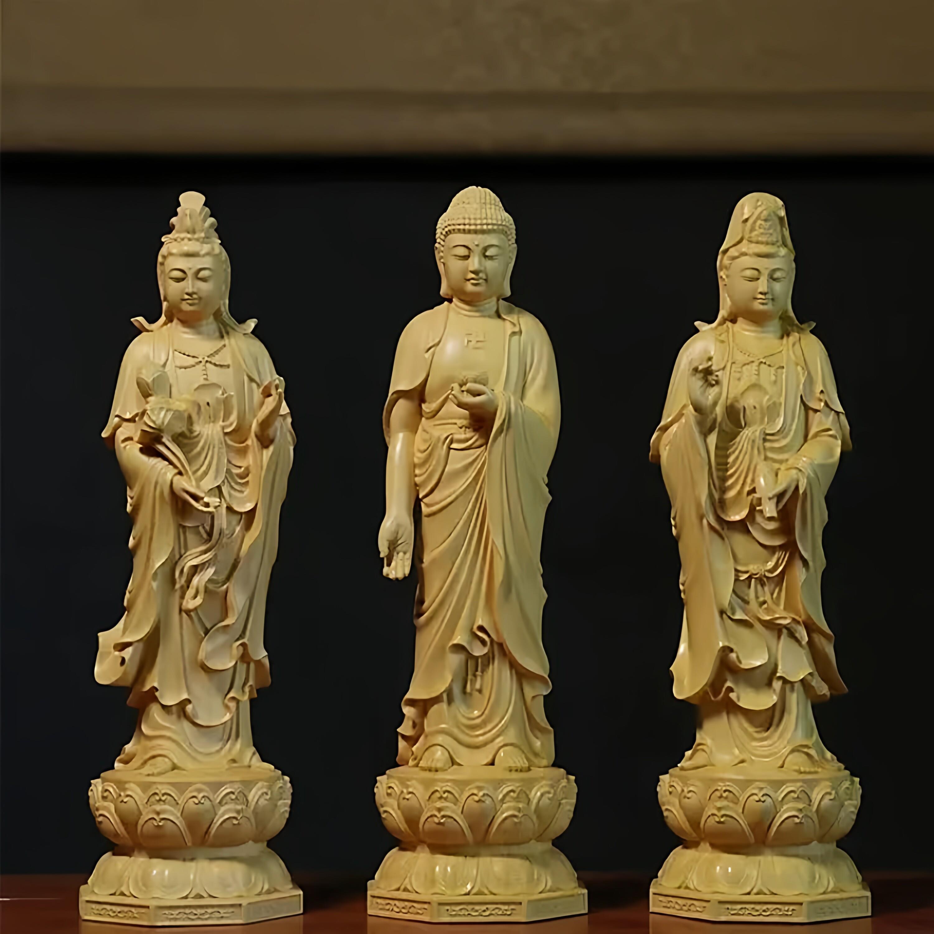 黄杨木雕刻西方三圣阿弥陀佛大势至观音菩萨家居家用摆件佛堂供奉