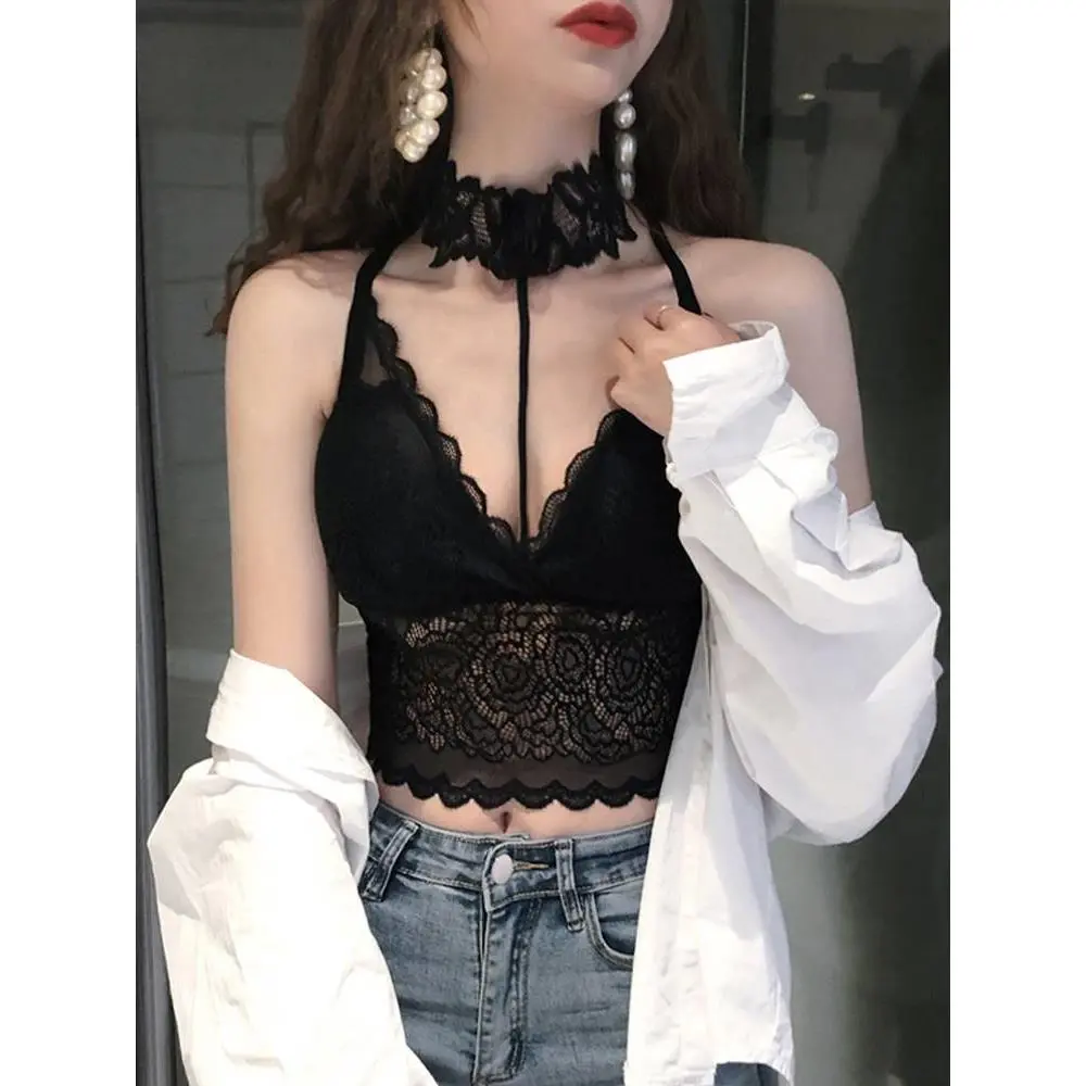 小吊带上衣女网红性感蕾丝裹胸短款外穿挂脖镂空打底美背背心