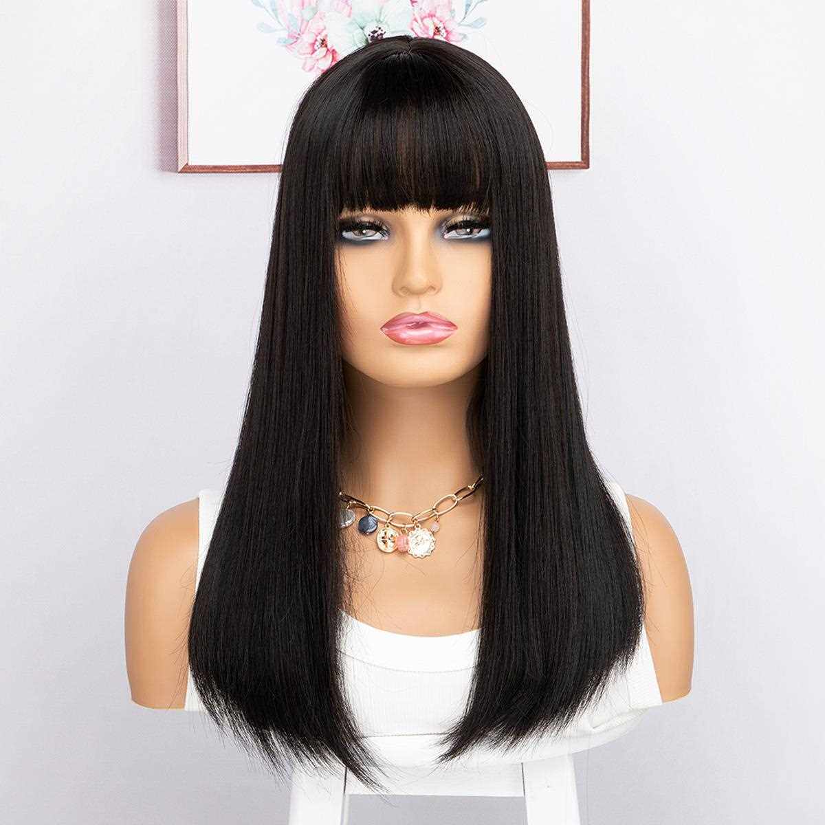 直销新款欧美新品齐刘海黑色中长直发 时尚整顶假发全头套