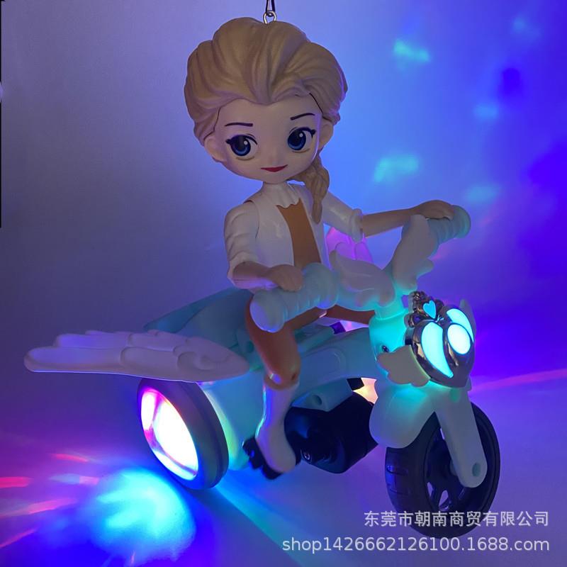 新款直销元旦节灯笼礼品女孩卡通电动公主特技三轮旋转摩托车炫彩