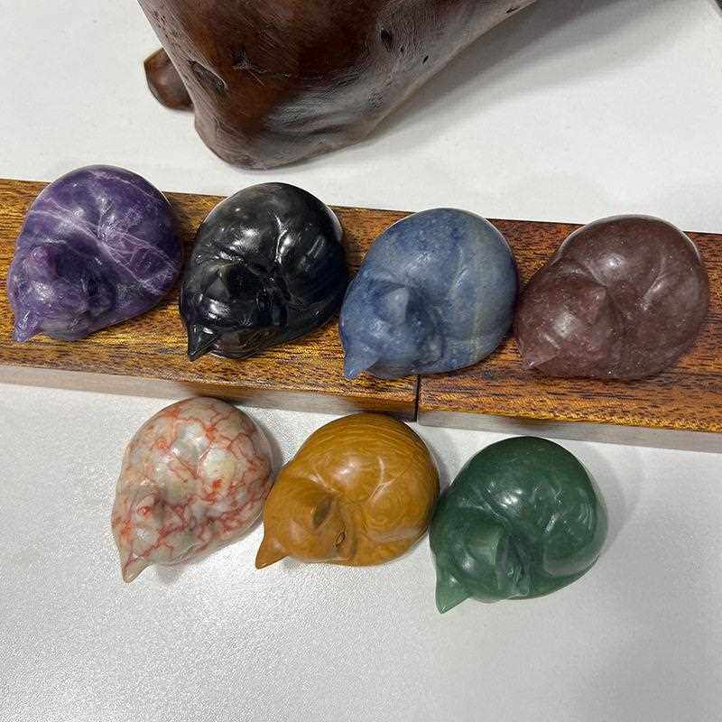 新款直销天然水晶 红草梅蓝东陵银耀石睡猫摆件 家居公室工艺品
