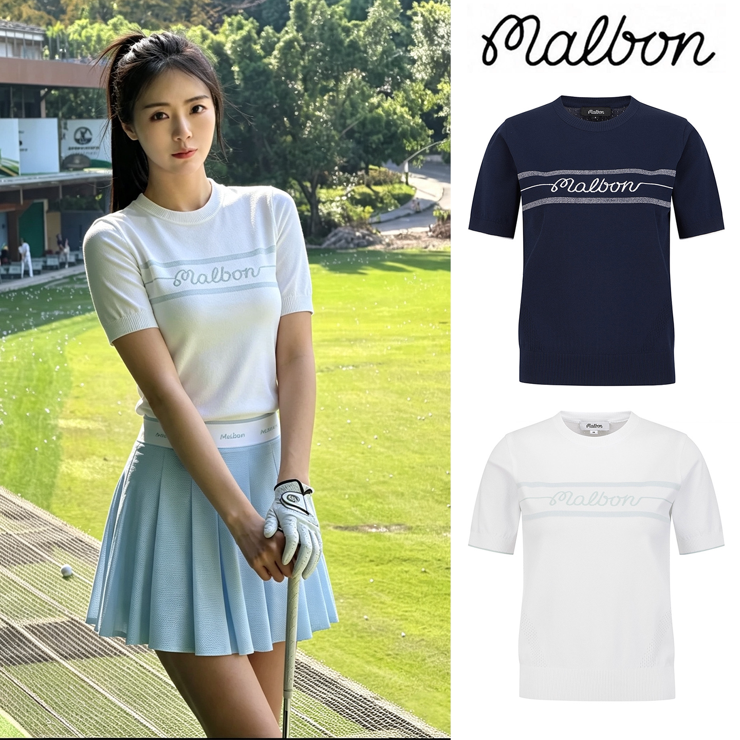MALBON高尔夫透气修身针织短袖女