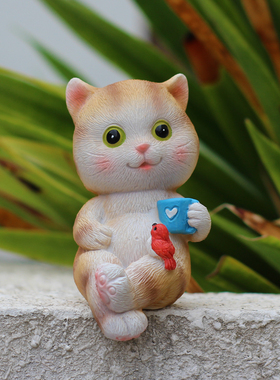 可爱小猫喝咖啡桌边装饰阳台庭院花盆坐姿摆件吊脚电视柜布景摆设