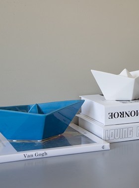 蓝色白色创意陶瓷几何小舟小船折纸模型造型摆件艺术海洋软装饰品