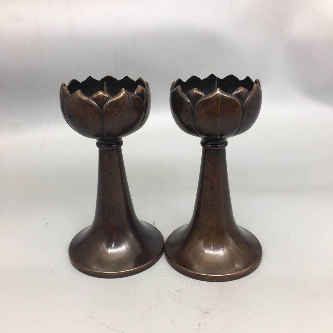 直销新款仿古纯铜小莲花蜡台一对包浆莲花烛台老式蜡台家居摆件