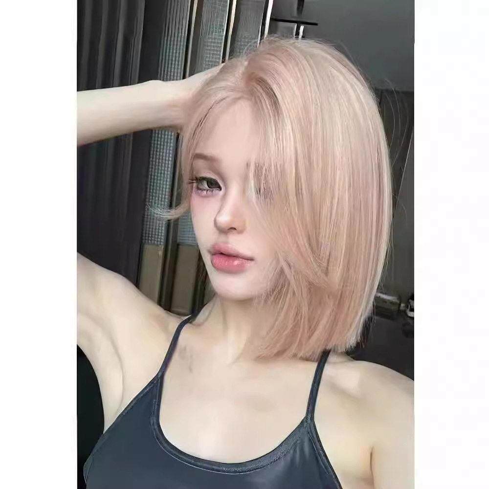 新款直销粉金色假发女短发夏日芭比韩系假发中分百搭日常全头套式